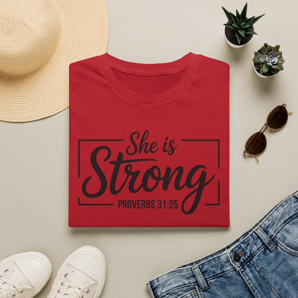 She Is Strong T-Shirt — Proverbs 31:25 Inspirational Christian Tee
