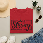 She Is Strong T-Shirt — Proverbs 31:25 Inspirational Christian Tee