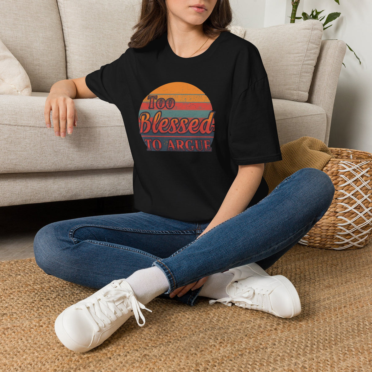 Too Blessed To Argue T-Shirt — Retro Sunset Faith Graphic Tee