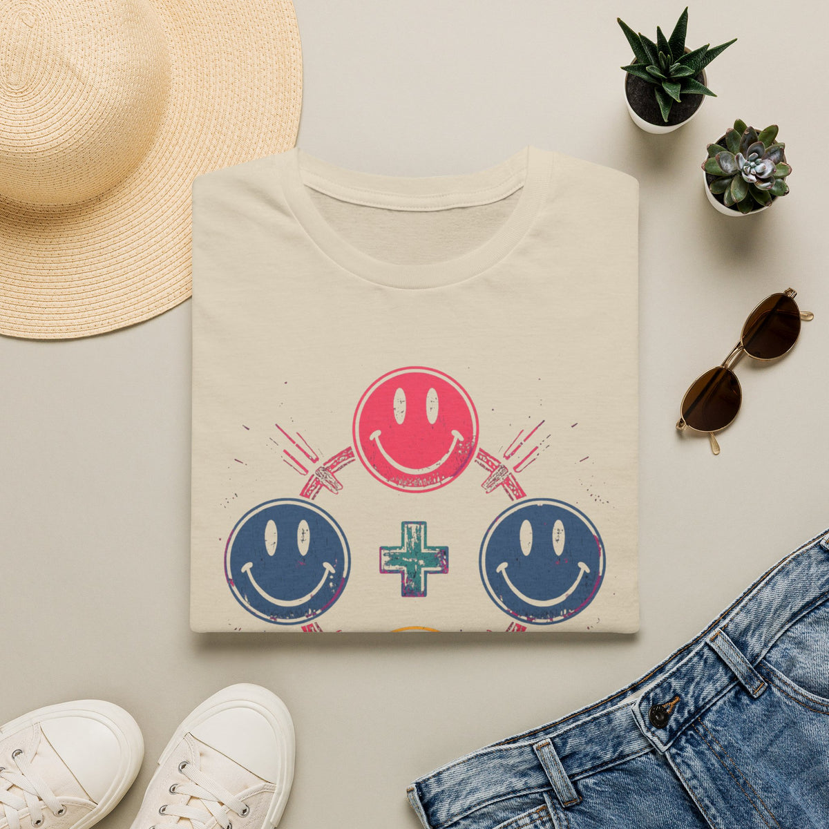 Faith Smiley Cross T-Shirt — Colorful Retro Smile Faces Graphic Tee