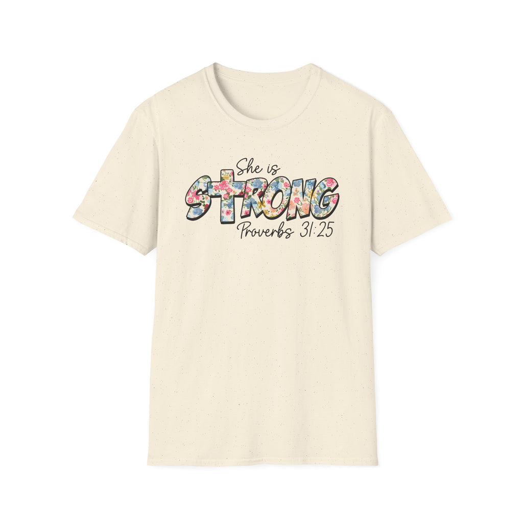 She Is Strong Floral T‑Shirt — Proverbs 31:25 Inspirational Women’s Tee