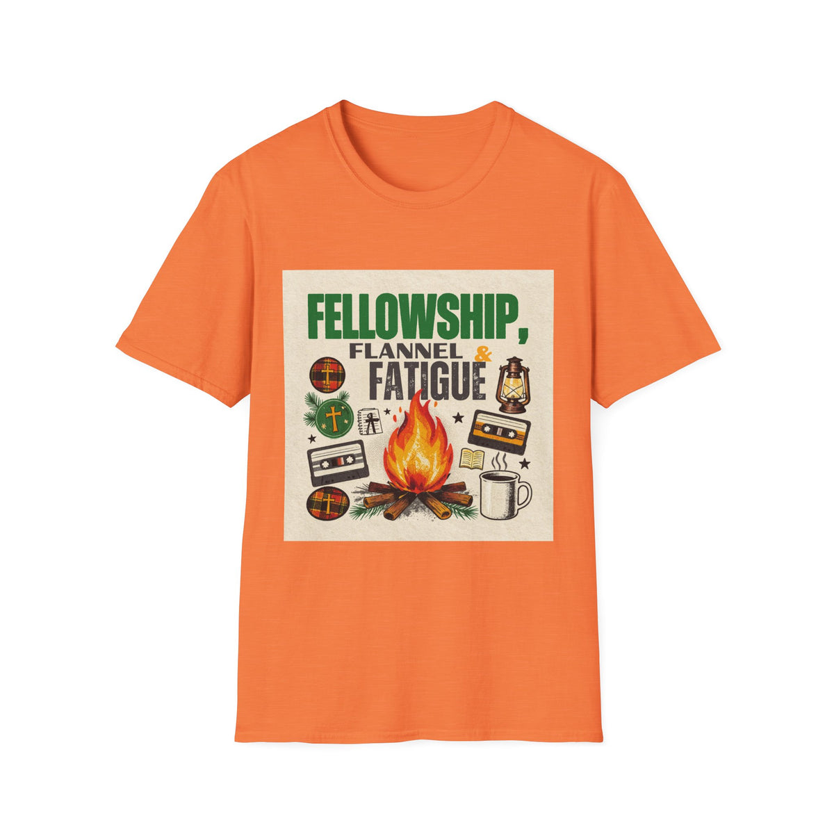 Fellowship Flannel & Fatigue T‑Shirt — Campfire Christian Retreat Tee
