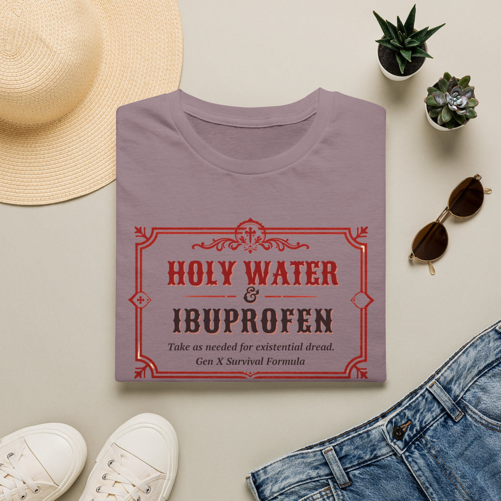 Holy Water & Ibuprofen T-Shirt — Funny Gen X Survival Tee