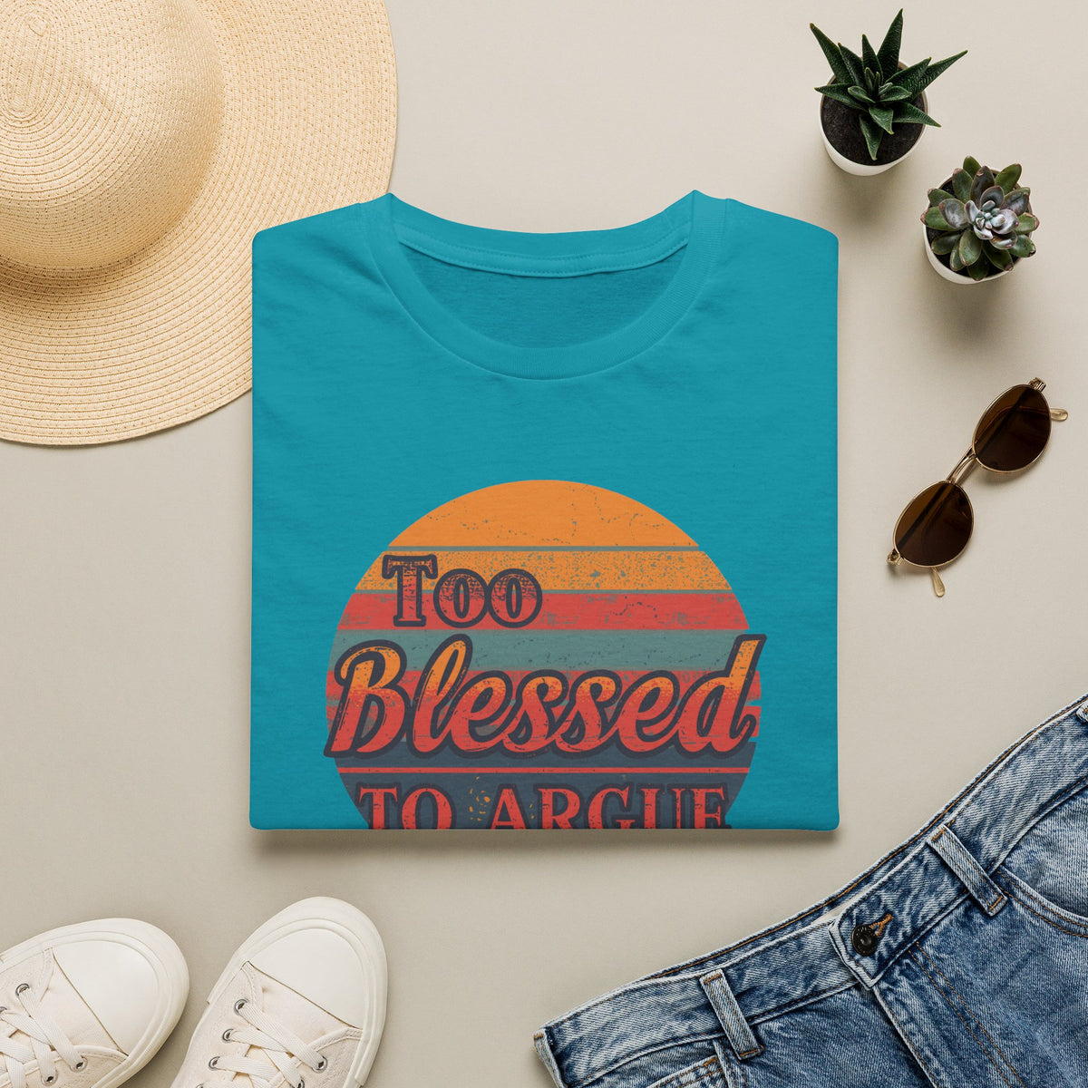 Too Blessed To Argue T-Shirt — Retro Sunset Faith Graphic Tee