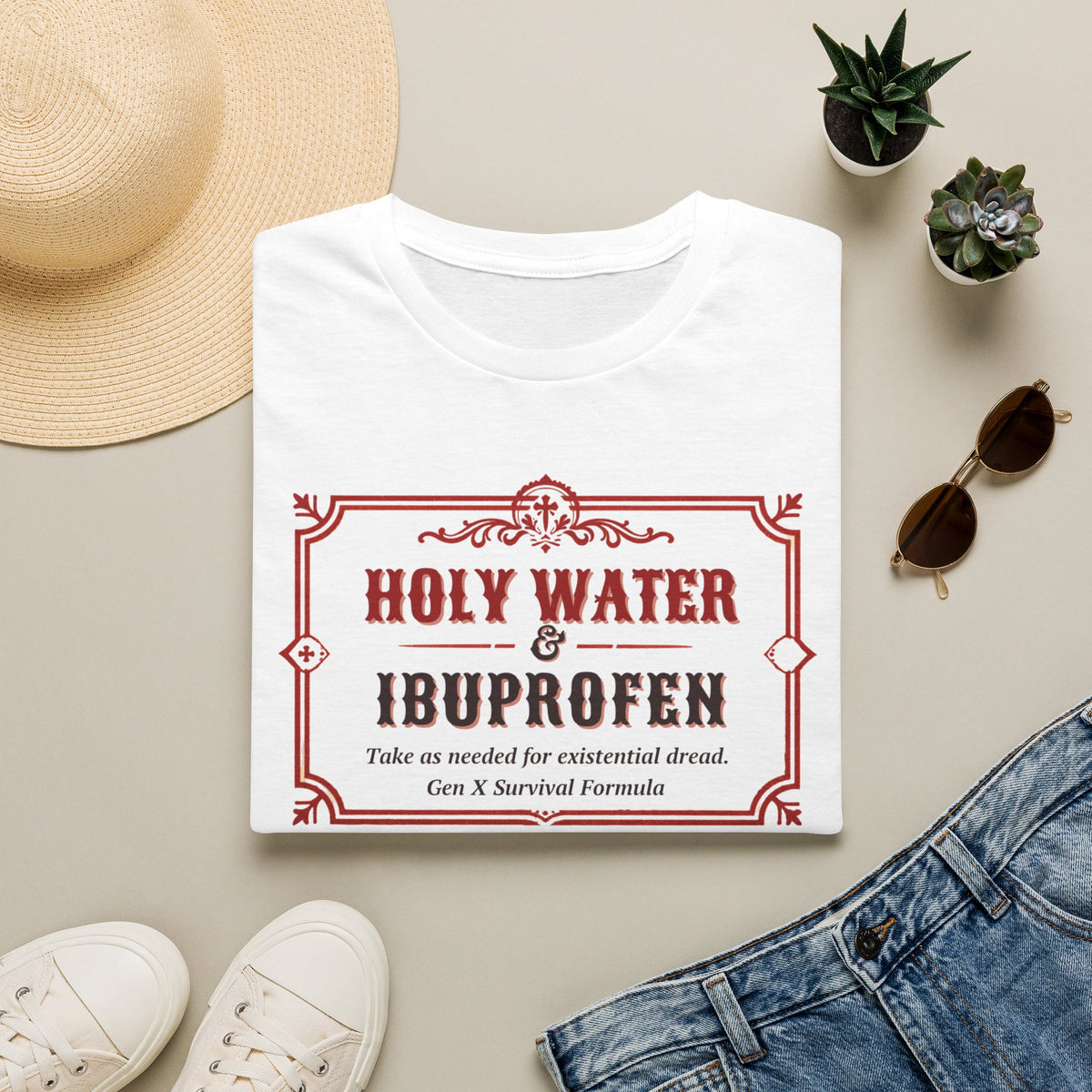 Holy Water & Ibuprofen T-Shirt — Funny Gen X Survival Tee