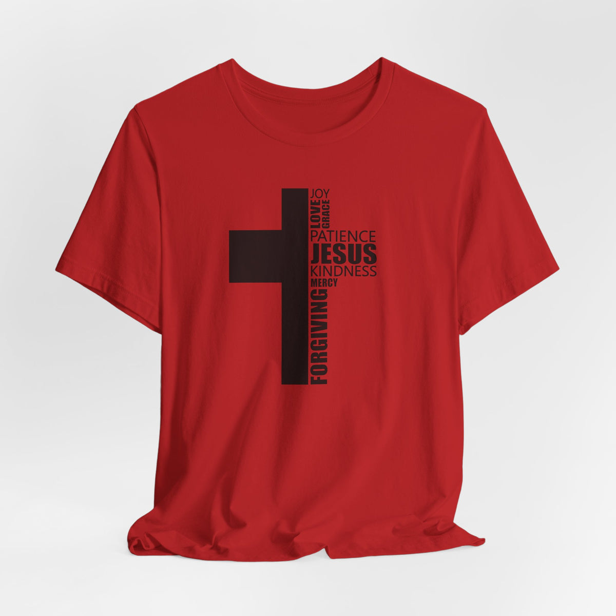 Christian Cross T-Shirt – 'Jesus, Forgiving, Love, Kindness' Word Cloud Tee