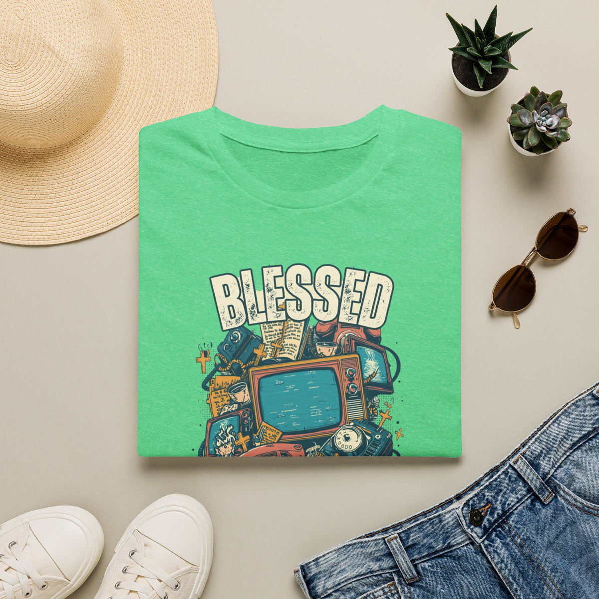 Blessed But Overstimulated T-Shirt — Retro Cozy Graphic Tee for Busy Moms & Millennials