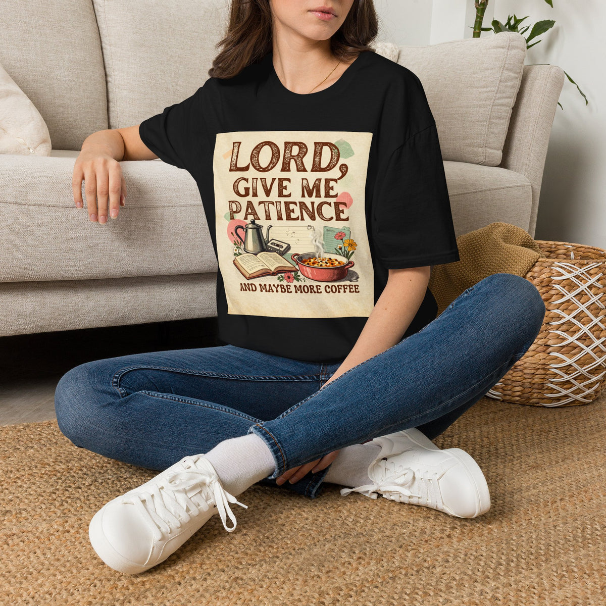 T-Shirt — “Lord, Give Me Patience (And Maybe More Coffee)” Vintage Coffee Tee