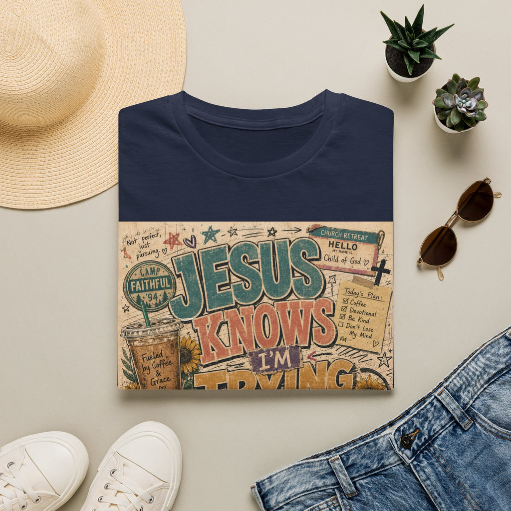 Jesus Knows I’m Trying T-Shirt — Christian Faith Graphic Tee