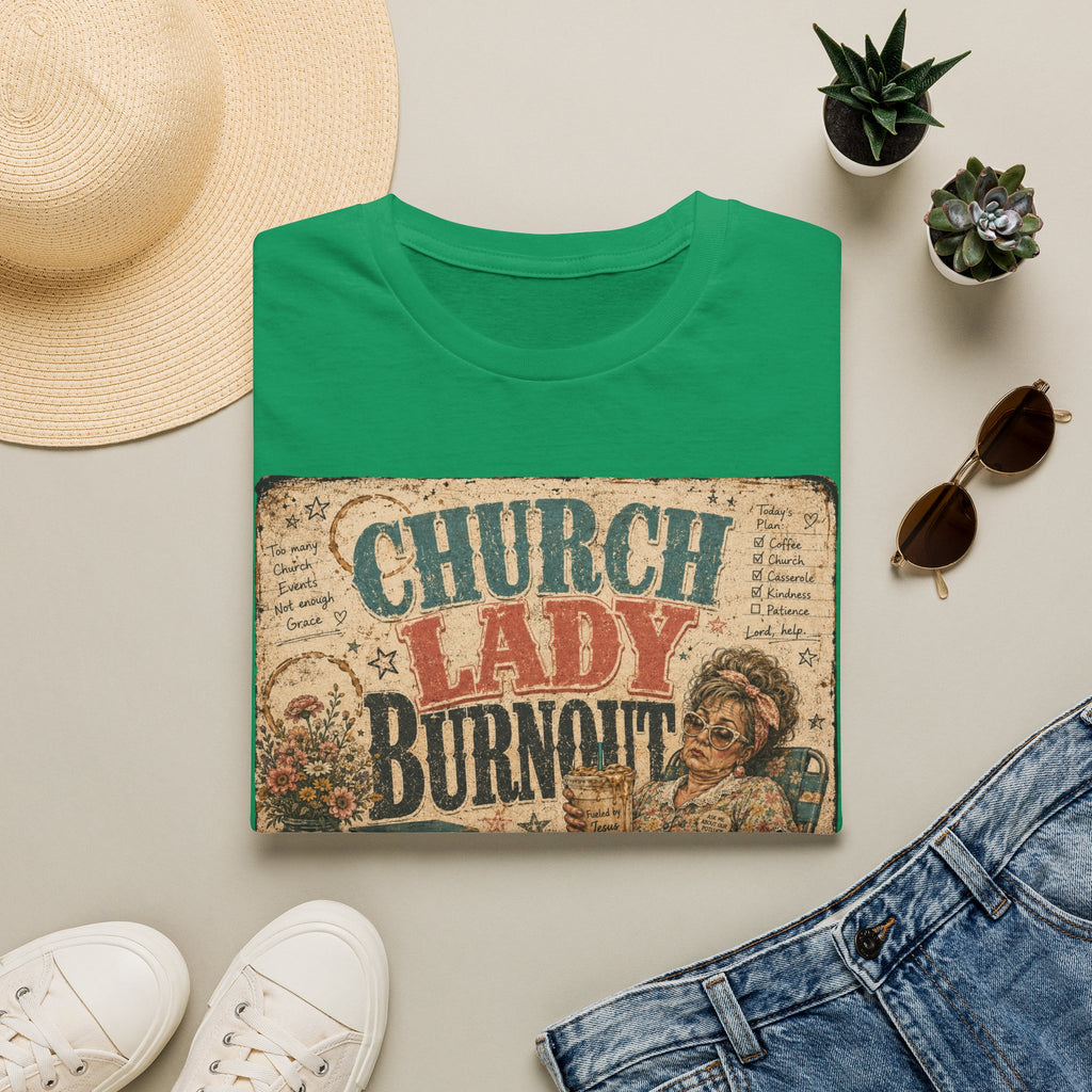 Church Lady Burnout T-Shirt — Vintage Funny Christian Humor Tee for Busy Church Volunteers