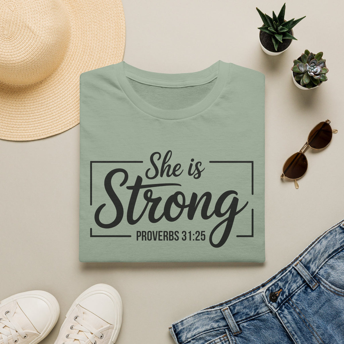 She Is Strong T-Shirt — Proverbs 31:25 Inspirational Christian Tee