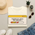 T-Shirt — "Powered by Jesus and Sarcasm" Graphic Tee