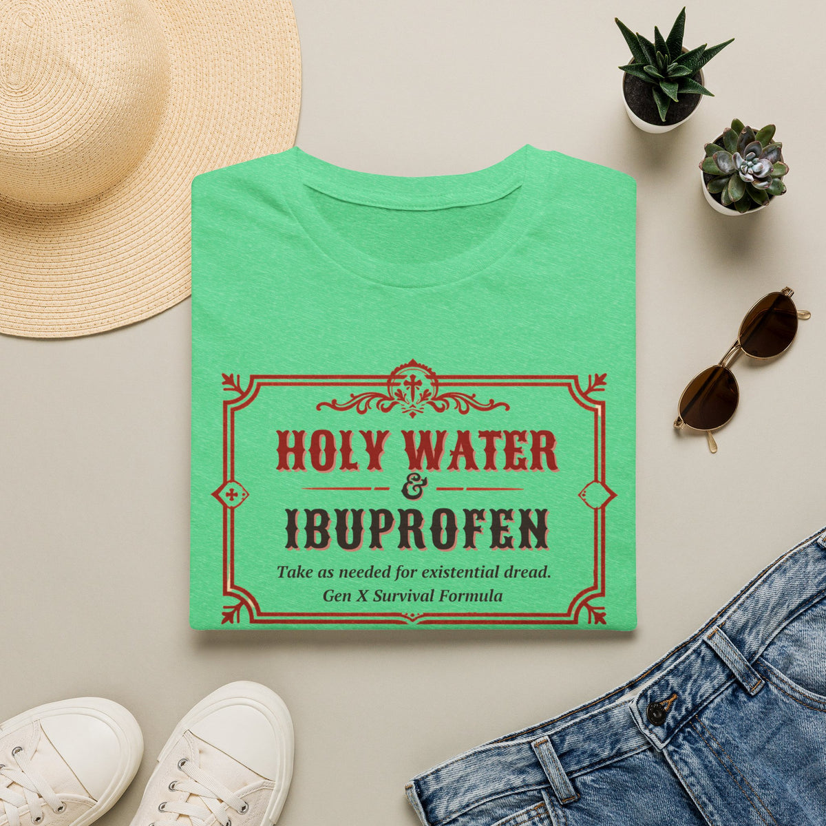 Holy Water & Ibuprofen T-Shirt — Funny Gen X Survival Tee