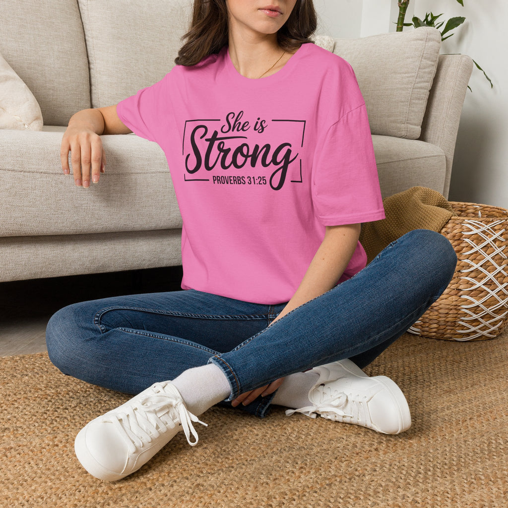 She Is Strong T-Shirt — Proverbs 31:25 Inspirational Christian Tee