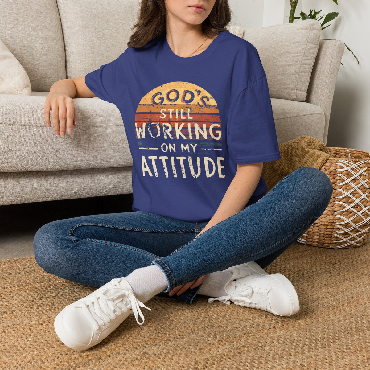 Christian T-Shirt — "God’s Still Working on My Attitude" Retro Sun Graphic