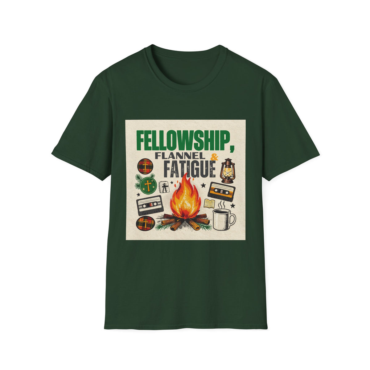 Fellowship Flannel & Fatigue T‑Shirt — Campfire Christian Retreat Tee