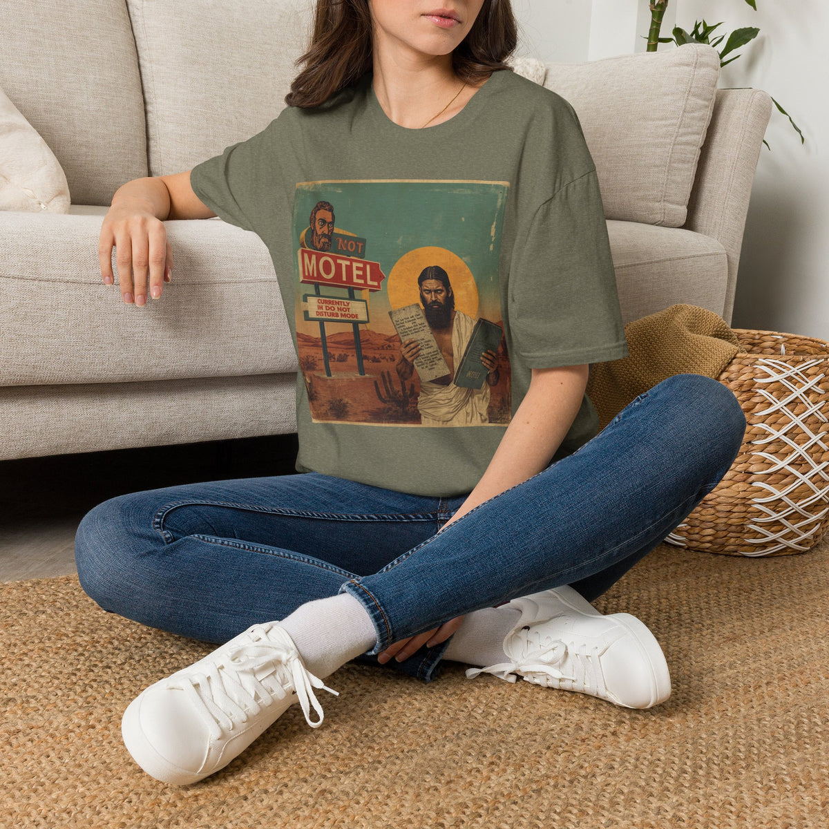 Desert Motel Graphic T‑Shirt — Vintage Roadside Jesus Art Tee