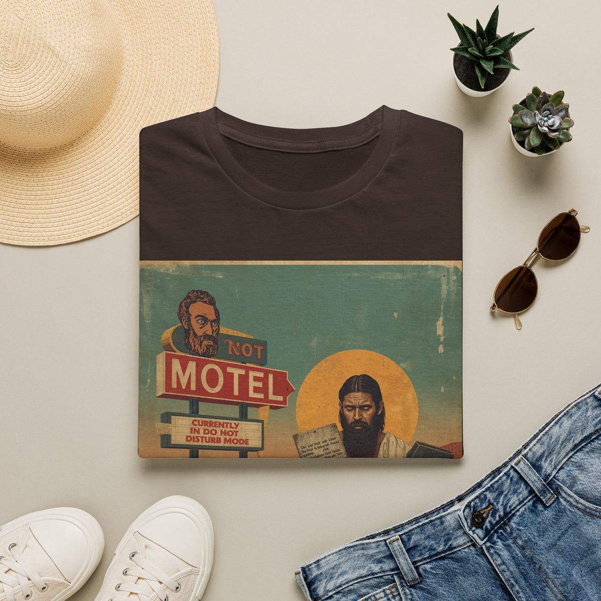 Desert Motel Graphic T‑Shirt — Vintage Roadside Jesus Art Tee