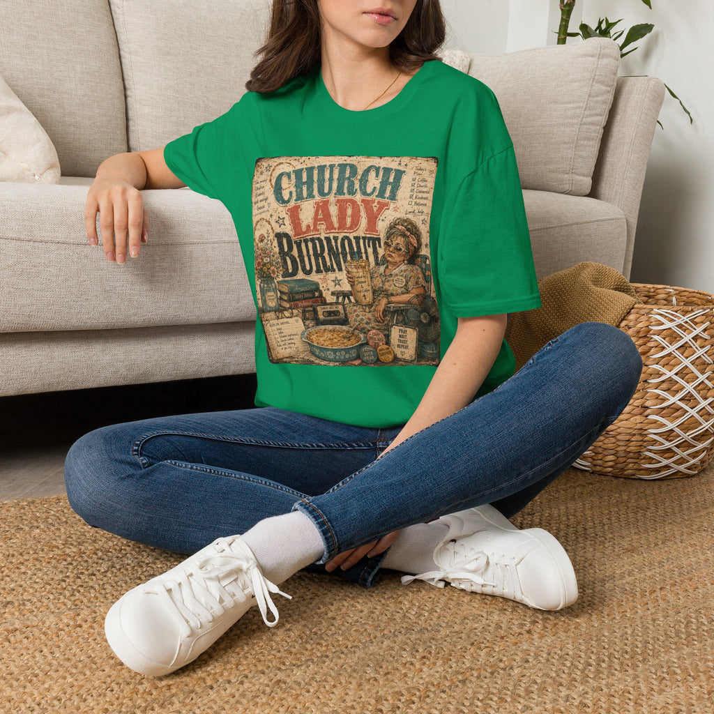 Church Lady Burnout T-Shirt — Vintage Funny Christian Humor Tee for Busy Church Volunteers