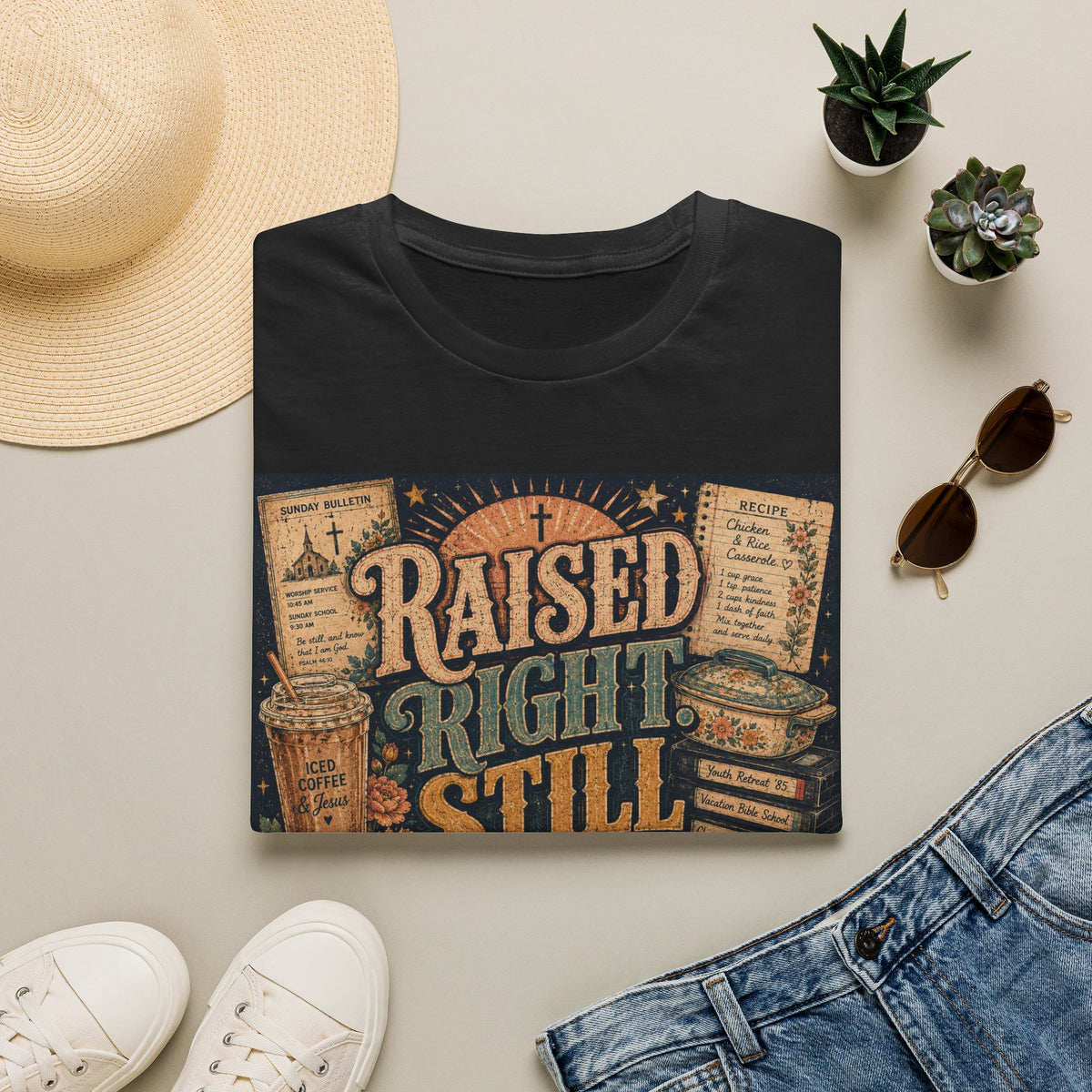 Raised Right Still Tired T-Shirt — Vintage Faith & Humor Christian Tee