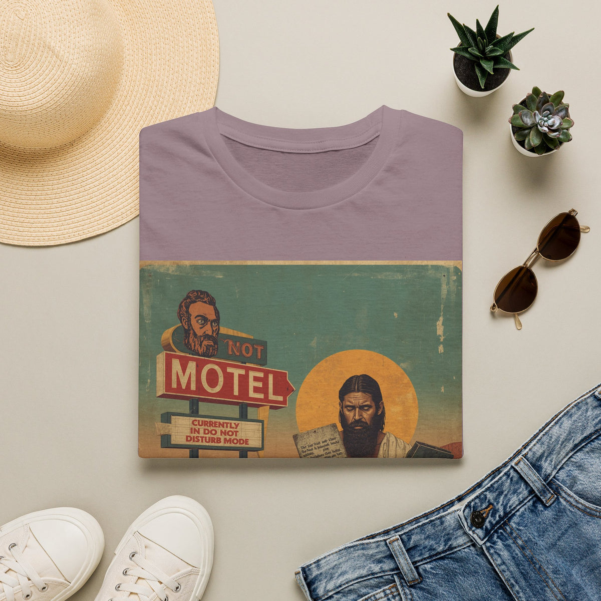 Desert Motel Graphic T‑Shirt — Vintage Roadside Jesus Art Tee