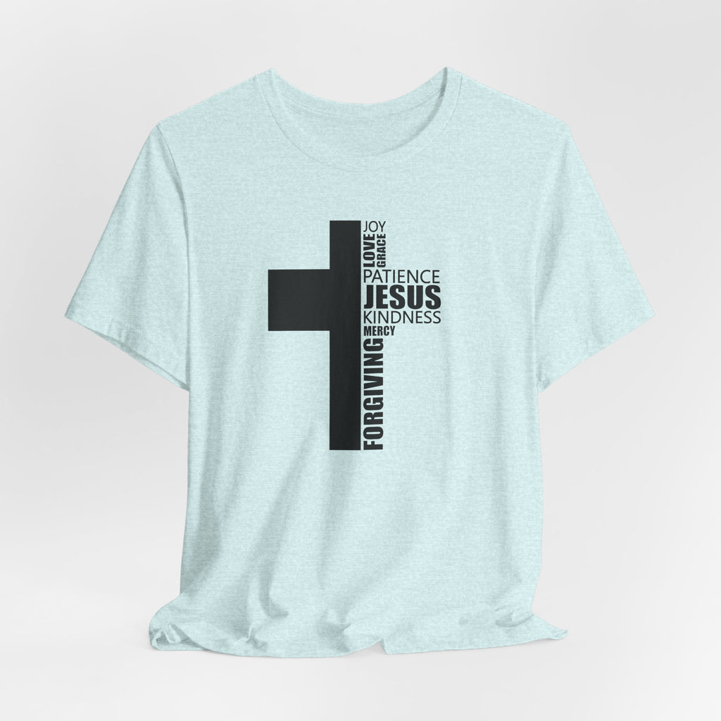 Christian Cross T-Shirt – 'Jesus, Forgiving, Love, Kindness' Word Cloud Tee