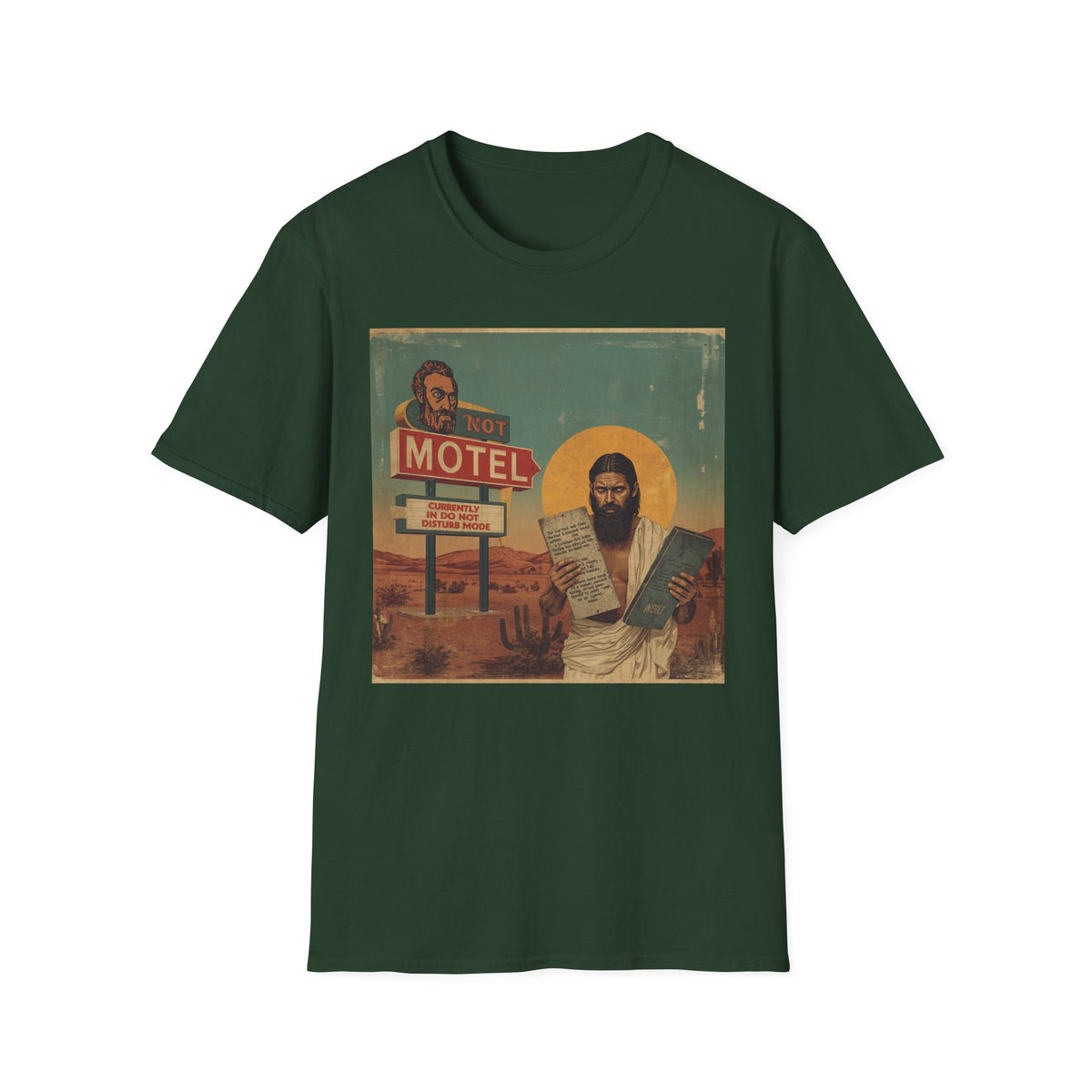 Desert Motel Graphic T‑Shirt — Vintage Roadside Jesus Art Tee