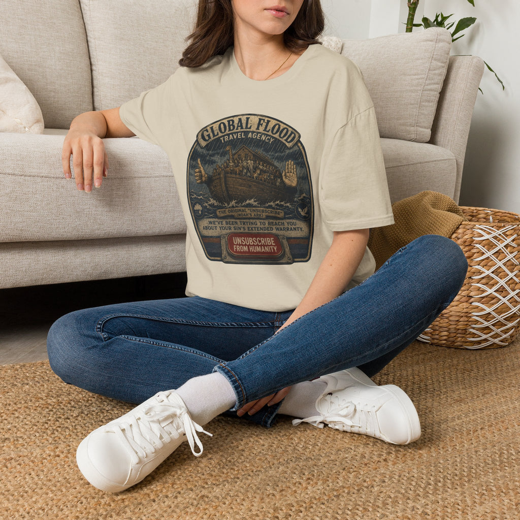 Global Flood Travel Badge T-Shirt – Vintage Ark Graphic Tee ("Unsubscribe from Humanity")