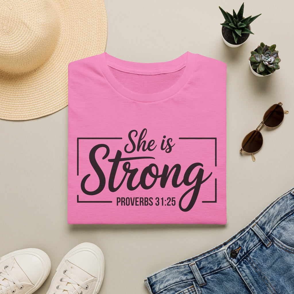 She Is Strong T-Shirt — Proverbs 31:25 Inspirational Christian Tee