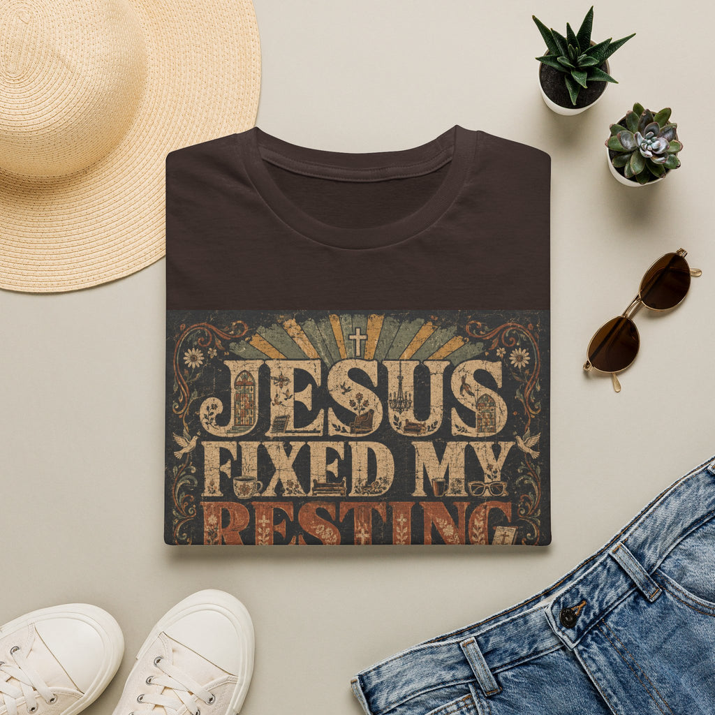 Christian Graphic T-Shirt — "Jesus Fixed My Resting Church Face" Vintage Faith Tee