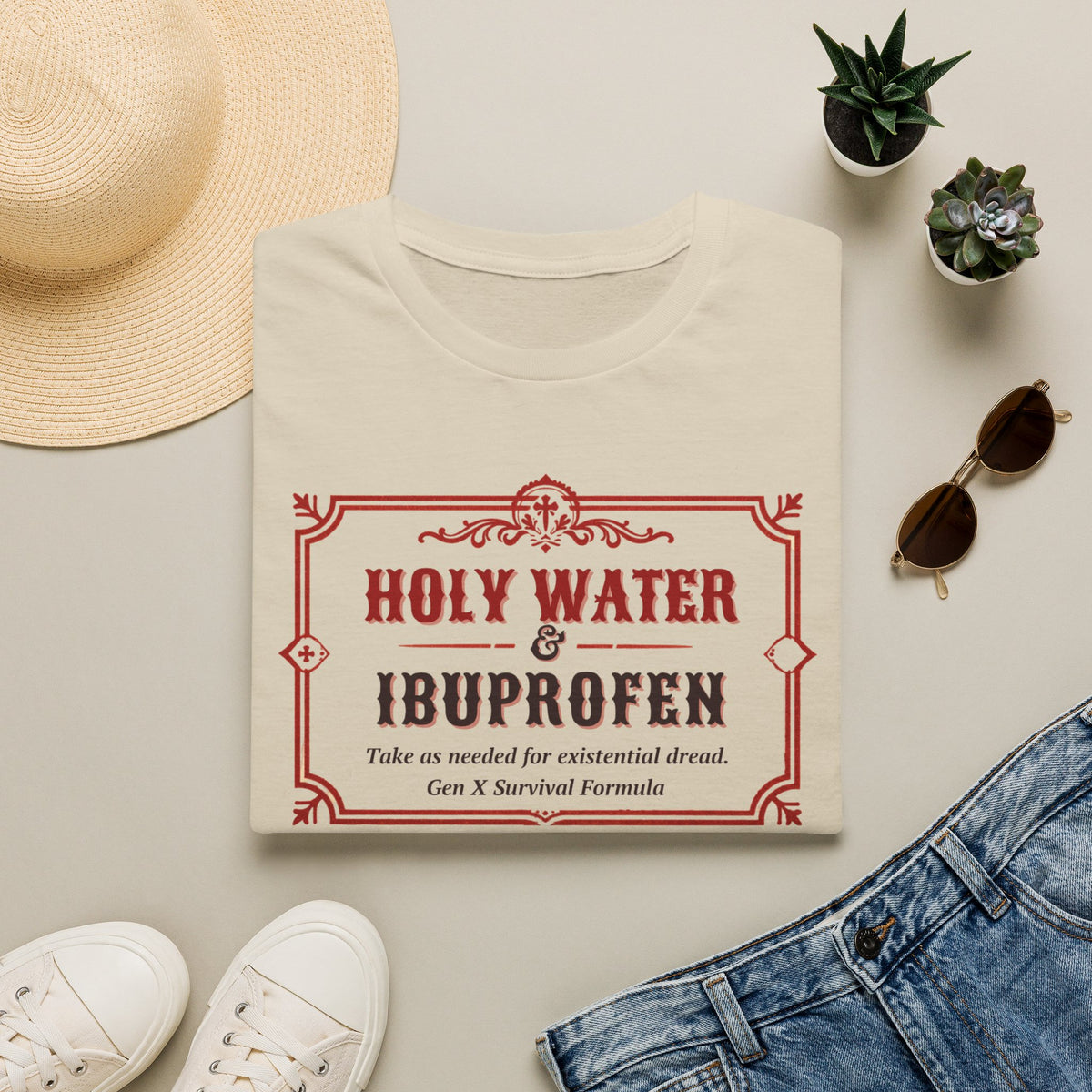 Holy Water & Ibuprofen T-Shirt — Funny Gen X Survival Tee