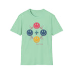 Faith Smiley Cross T-Shirt — Colorful Retro Smile Faces Graphic Tee
