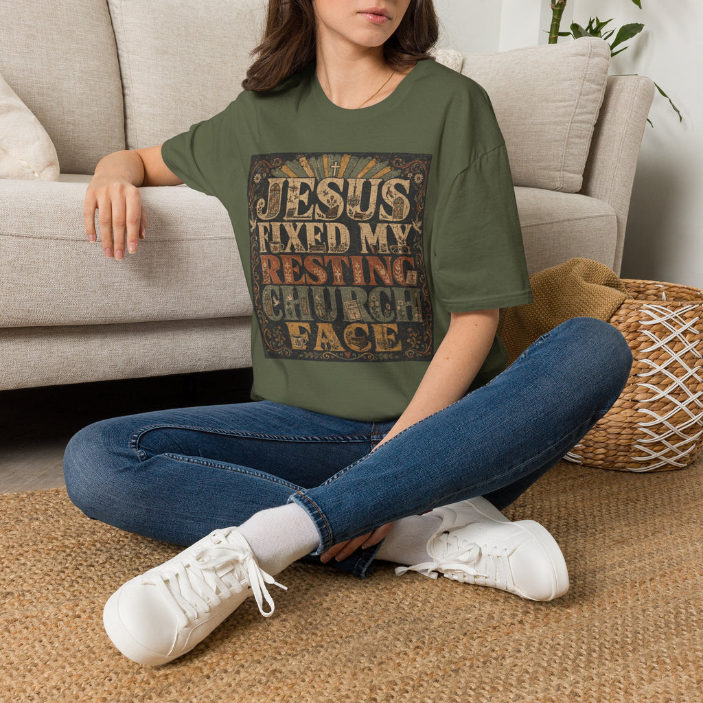 Christian Graphic T-Shirt — "Jesus Fixed My Resting Church Face" Vintage Faith Tee