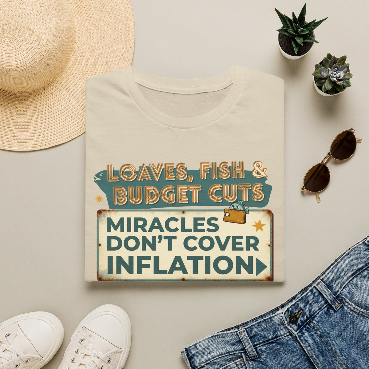 T‑Shirt — "Loaves, Fish & Budget Cuts: Miracles Don’t Cover Inflation"