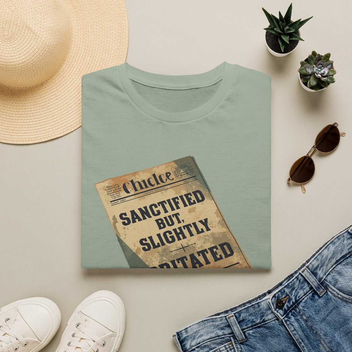 T‑Shirt — 'Sanctified But Slightly Irritated' Vintage Poster Graphic