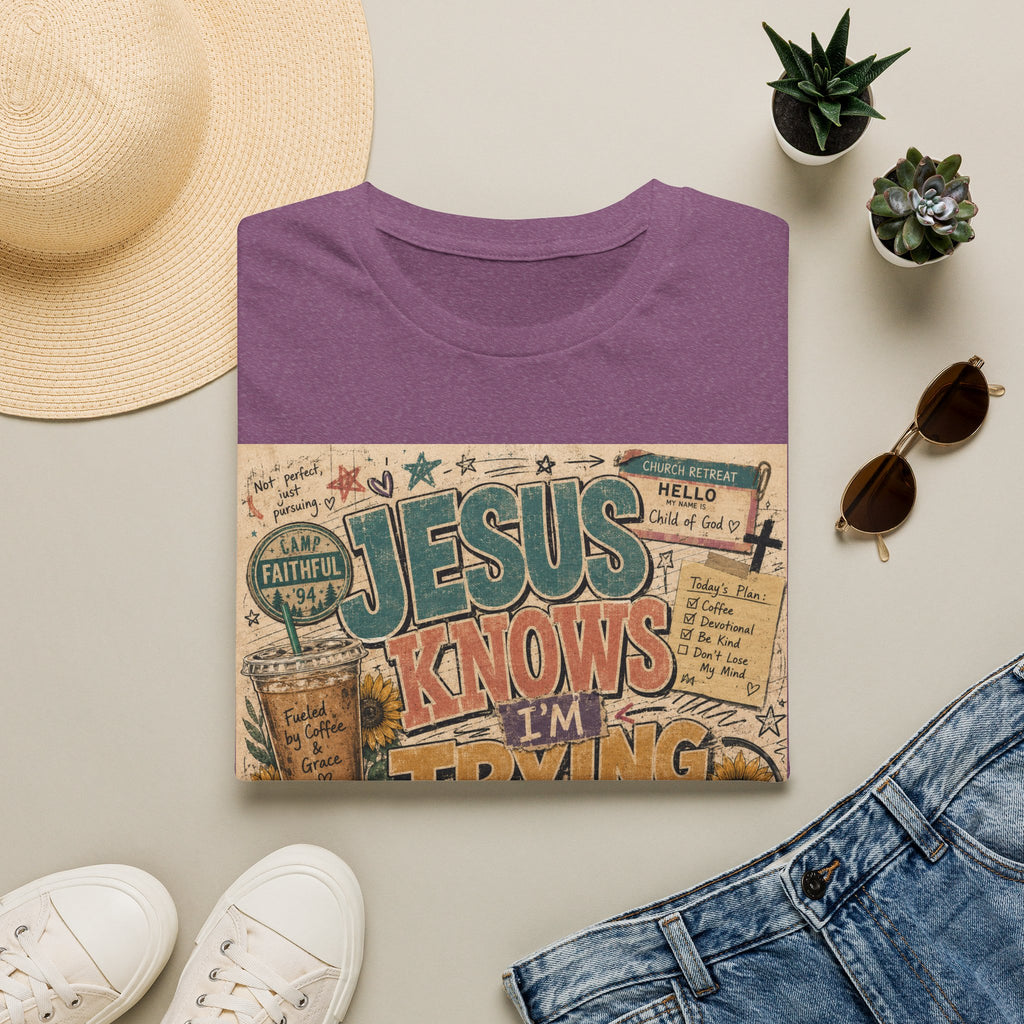Jesus Knows I’m Trying T-Shirt — Christian Faith Graphic Tee