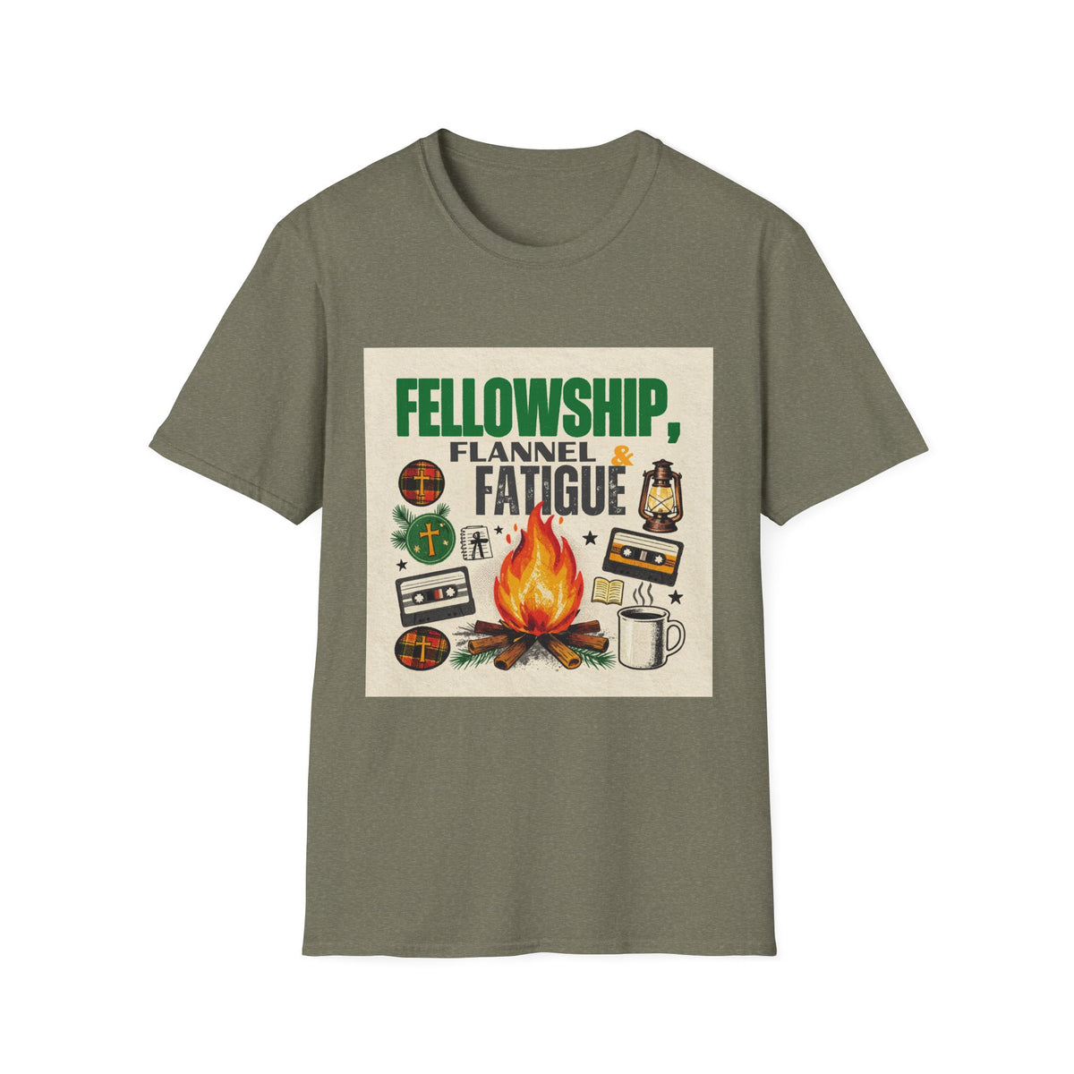 Fellowship Flannel & Fatigue T‑Shirt — Campfire Christian Retreat Tee