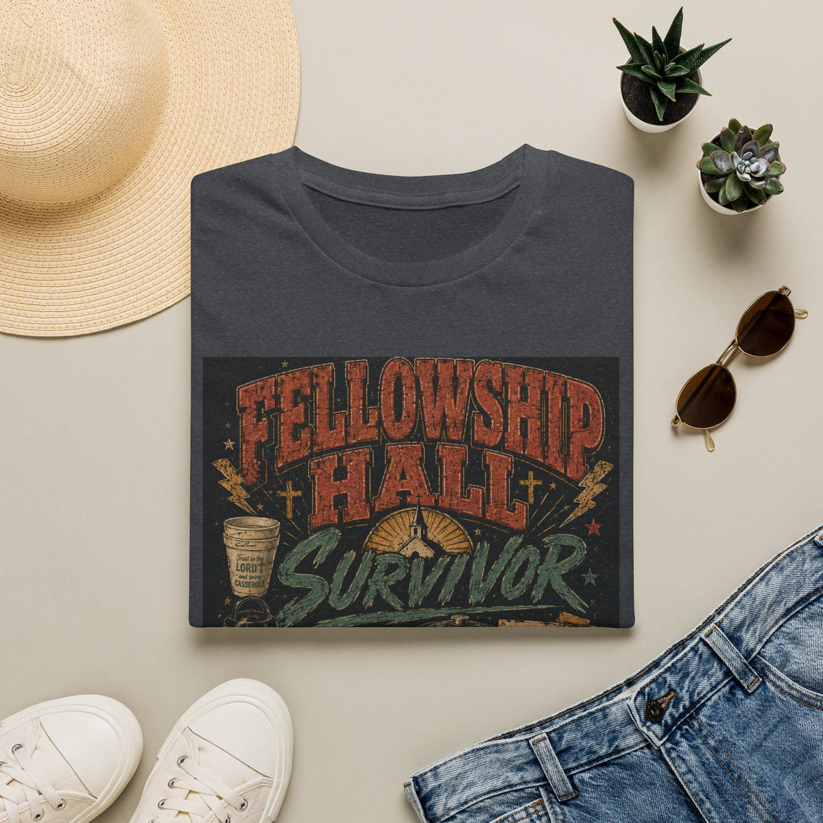 Fellowship Hall Survivor | Funny Church Life Graphic T-Shirt