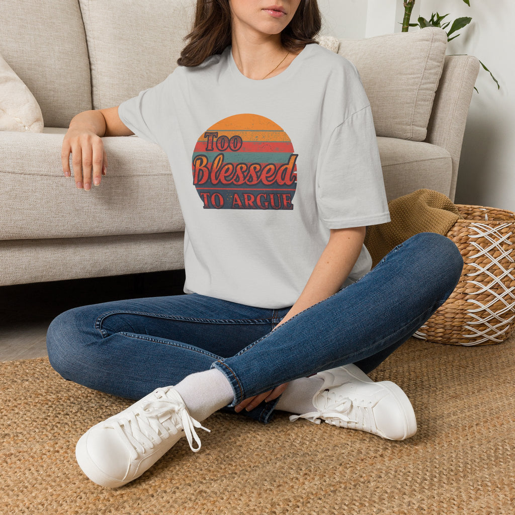Too Blessed To Argue T-Shirt — Retro Sunset Faith Graphic Tee