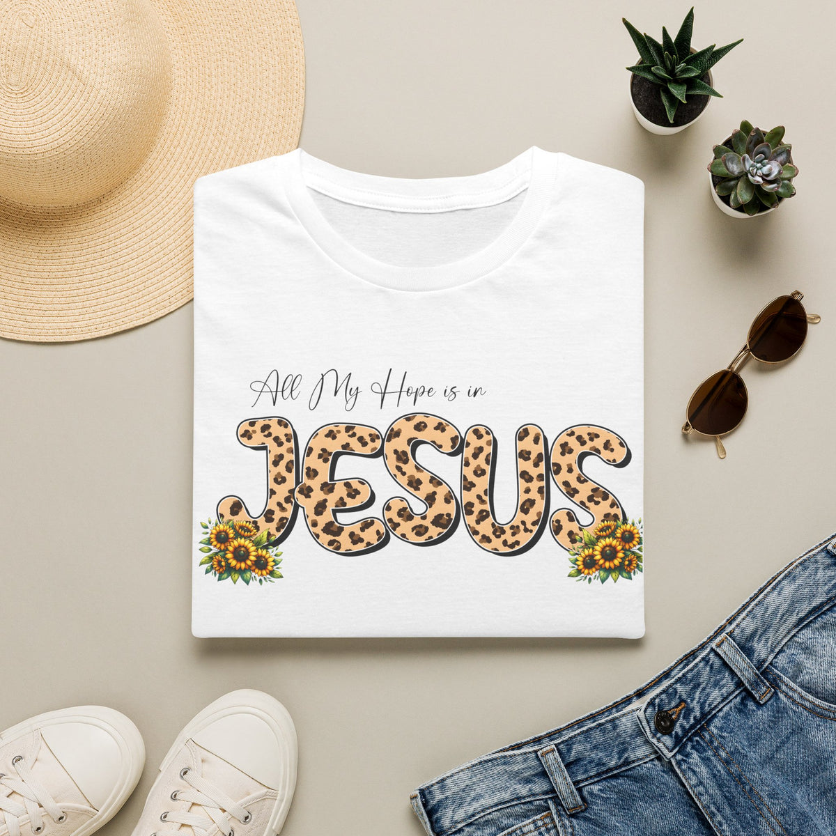 Jesus Leopard Print T-Shirt — "All My Hope Is In Jesus" Floral Faith Tee