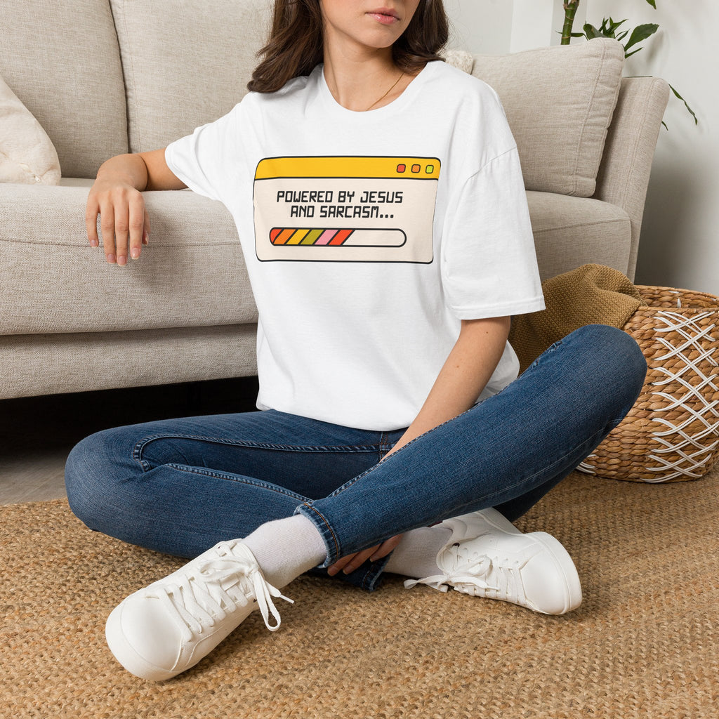 T-Shirt — "Powered by Jesus and Sarcasm" Graphic Tee