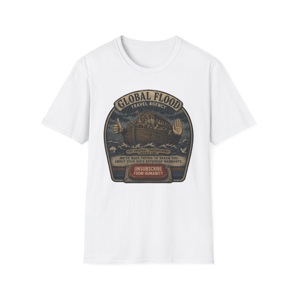 Global Flood Travel Badge T-Shirt – Vintage Ark Graphic Tee ("Unsubscribe from Humanity")