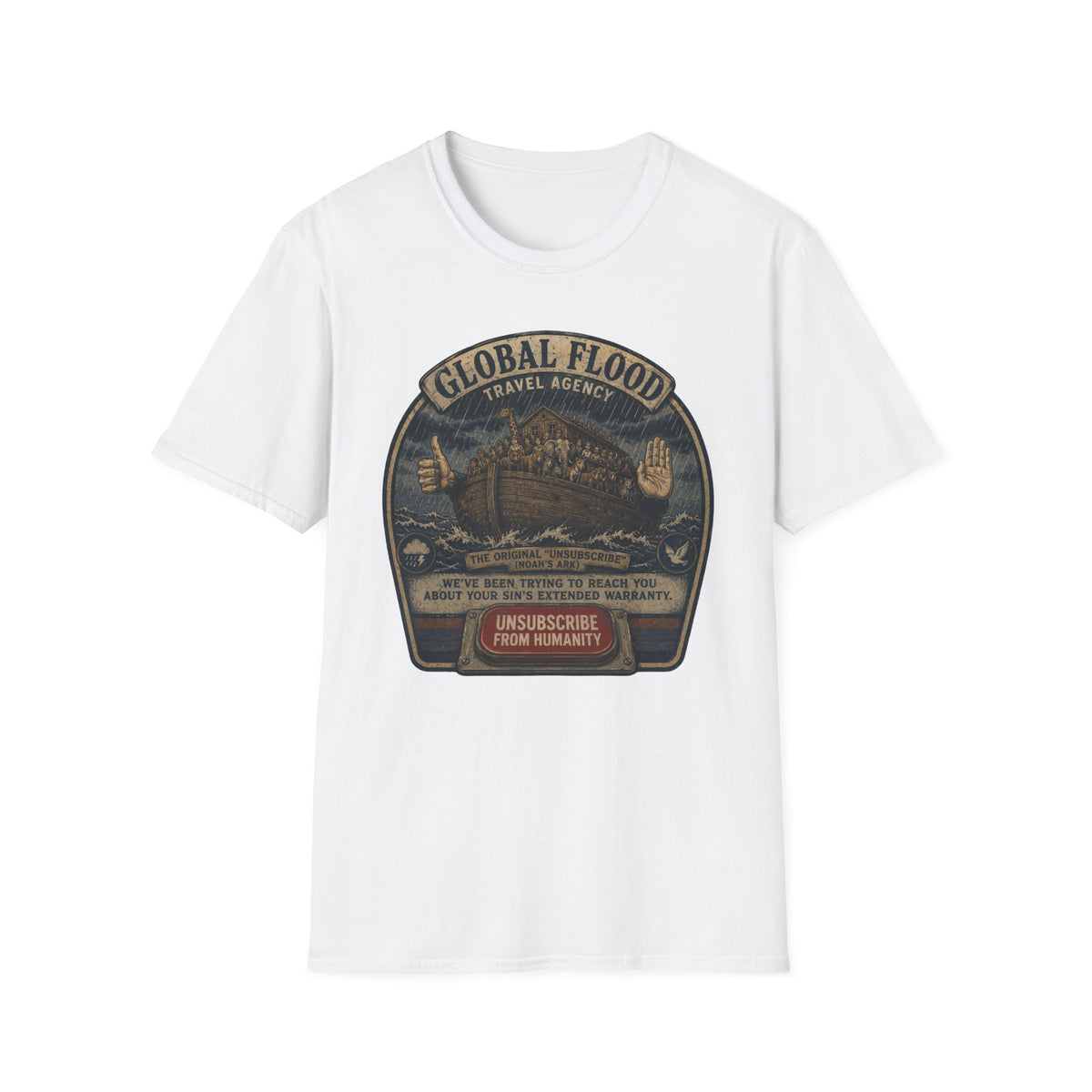 Global Flood Travel Badge T-Shirt – Vintage Ark Graphic Tee ("Unsubscribe from Humanity")