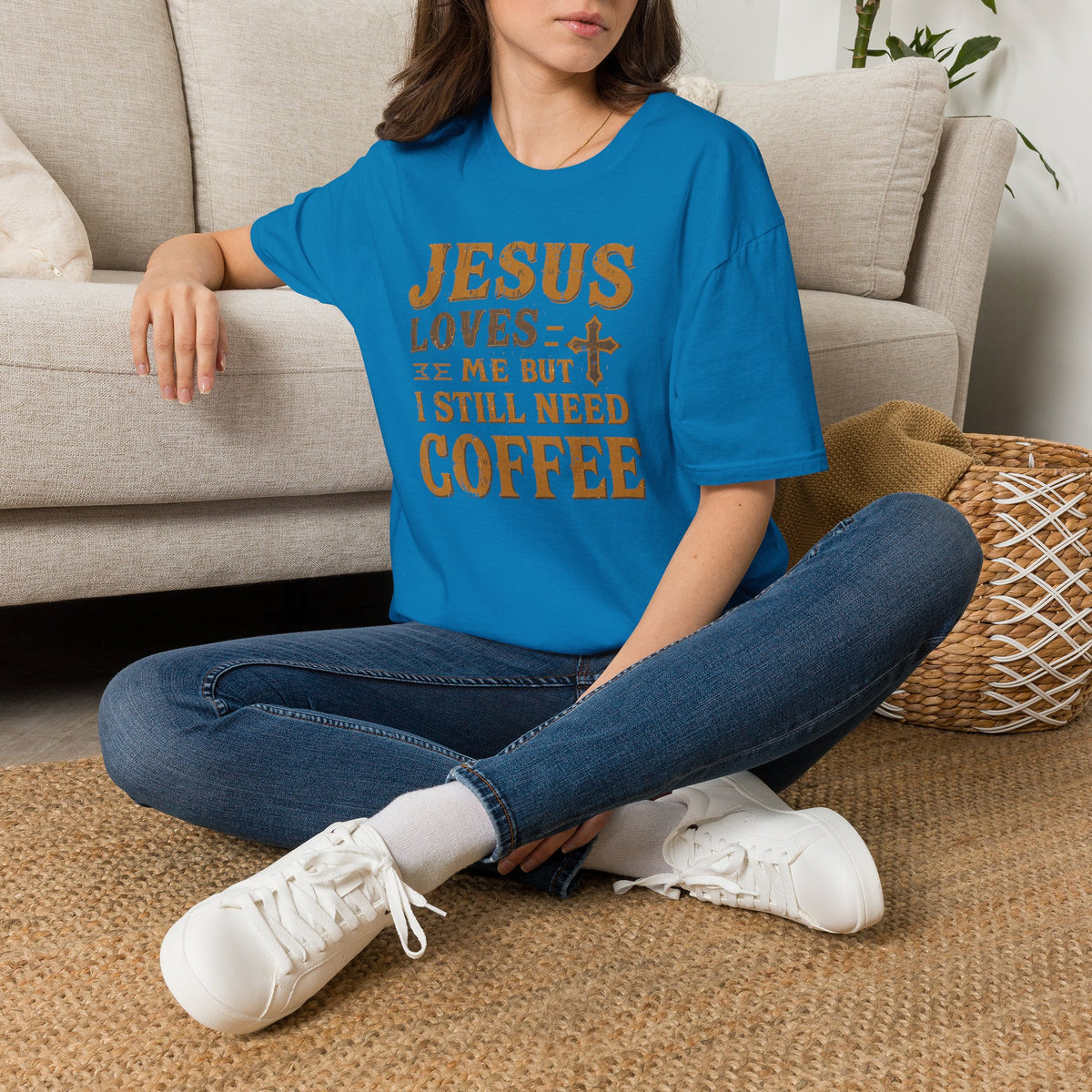 Christian Coffee T-Shirt - "Jesus Loves Me But I Still Need Coffee" Faith Tee