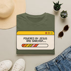 T-Shirt — "Powered by Jesus and Sarcasm" Graphic Tee