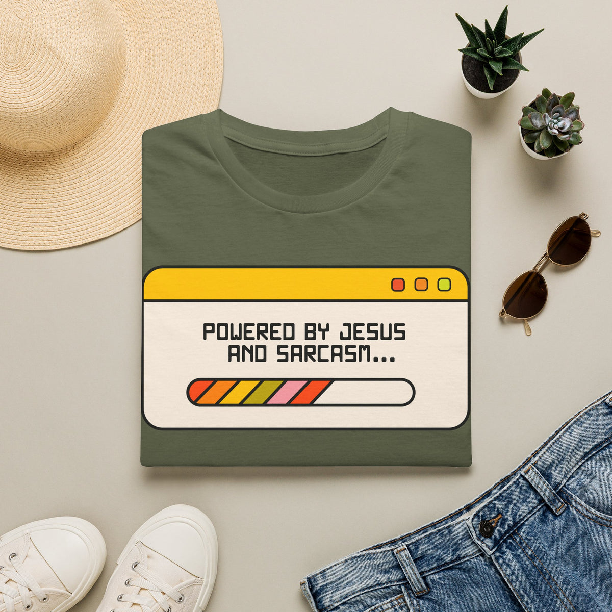 T-Shirt — "Powered by Jesus and Sarcasm" Graphic Tee