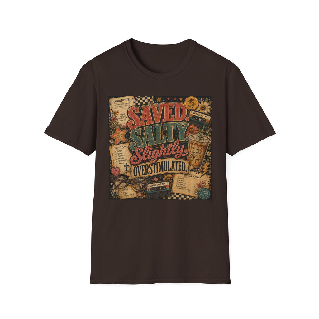 Saved Salty Slightly Overstimulated T-Shirt — Vintage Coastal Christian Graphic Tee