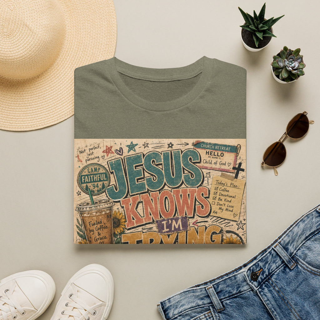 Jesus Knows I’m Trying T-Shirt — Christian Faith Graphic Tee