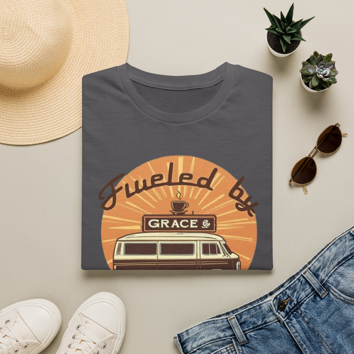 Fueled by Grace & Caffeine Van T-Shirt — Retro Coffee Roadtrip Tee