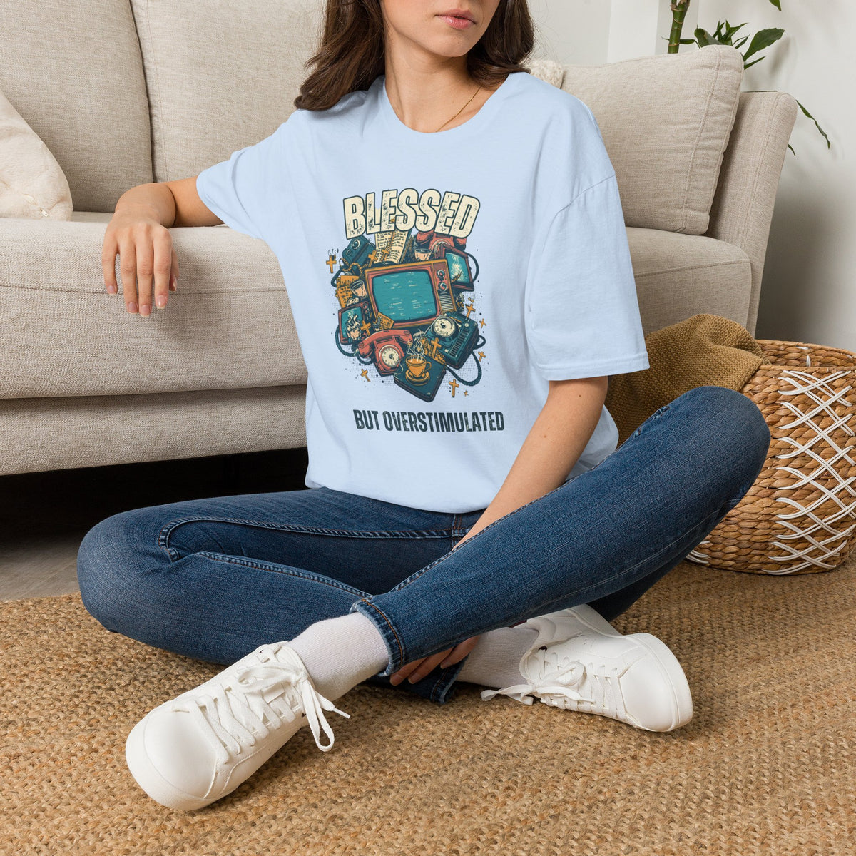Blessed But Overstimulated T-Shirt — Retro Cozy Graphic Tee for Busy Moms & Millennials